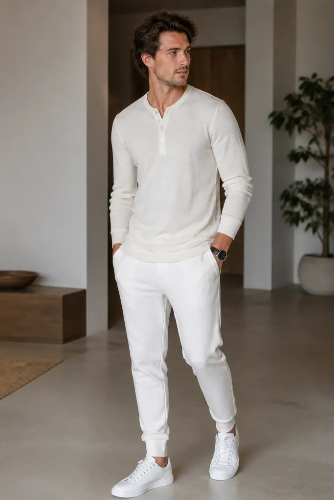 A man wearing white sweatpants with an off-white cream henley shirt. The henley has 3-4 buttons and a slim neckline. He pairs it with clean white low-top sneakers and ankle socks. A simple black watch sits on the wrist.