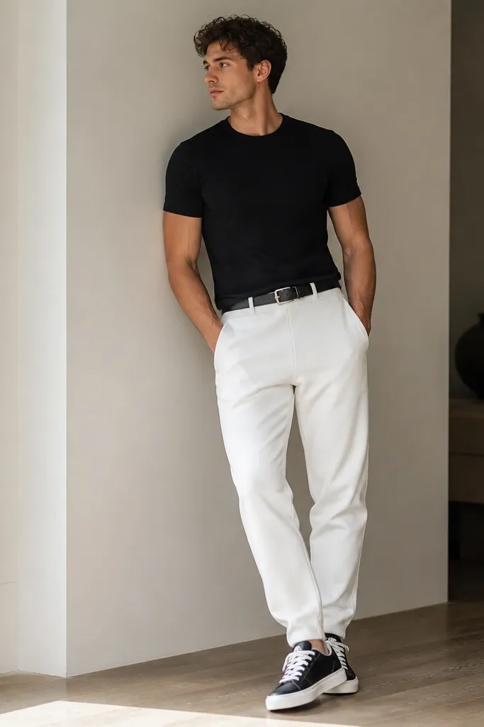 A man in white sweatpants paired with a fitted black crewneck T-shirt. The outfit includes a black leather belt with a simple silver buckle. He wears black-and-white sneakers with white soles and a clean ankle sock line.