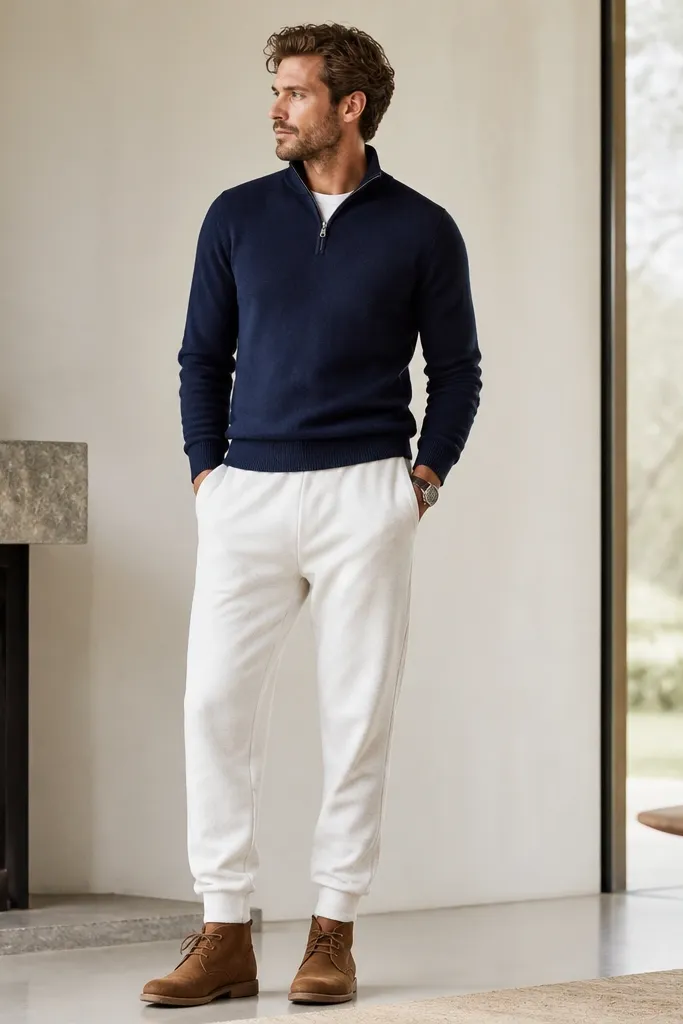 A man wearing a navy quarter-zip sweater over a simple shirt, with white sweatpants. He wears suede chukka boots in warm brown and a watch. The quarter-zip is zipped to the upper chest with a clean collar.