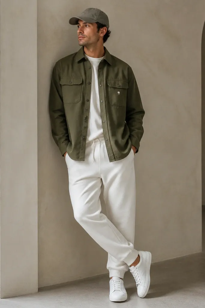 A man wearing olive green overshirt buttoned halfway over a light shirt. The overshirt has chest pockets. He pairs it with white sweatpants and clean white sneakers, with a simple cap on his head.