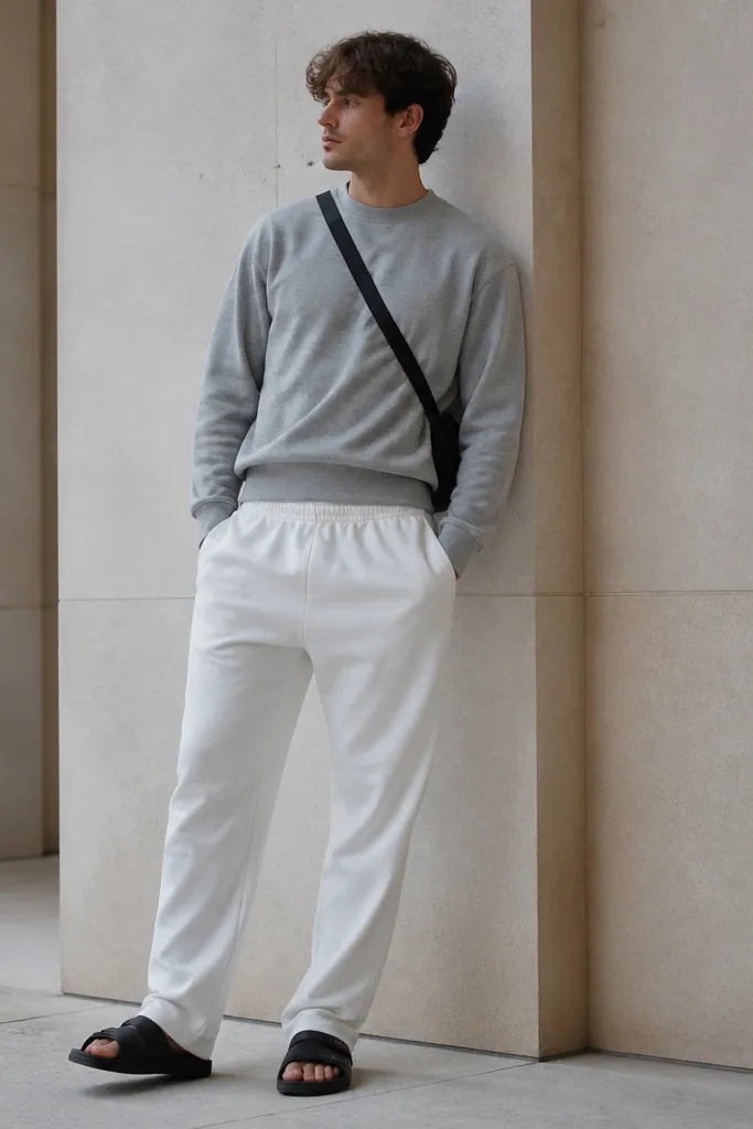 A man in white sweatpants with a heather gray crewneck sweatshirt. He wears black slide sandals and a simple crossbody bag. The sweatshirt hem sits above the sweatpants waistband slightly.
