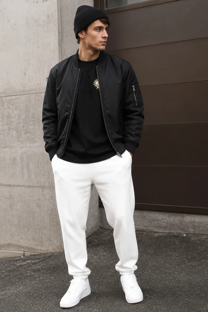 A man wearing white sweatpants with a black bomber jacket. Under the bomber is a black tee with a small chest graphic. The man wears white sneakers and a black beanie.