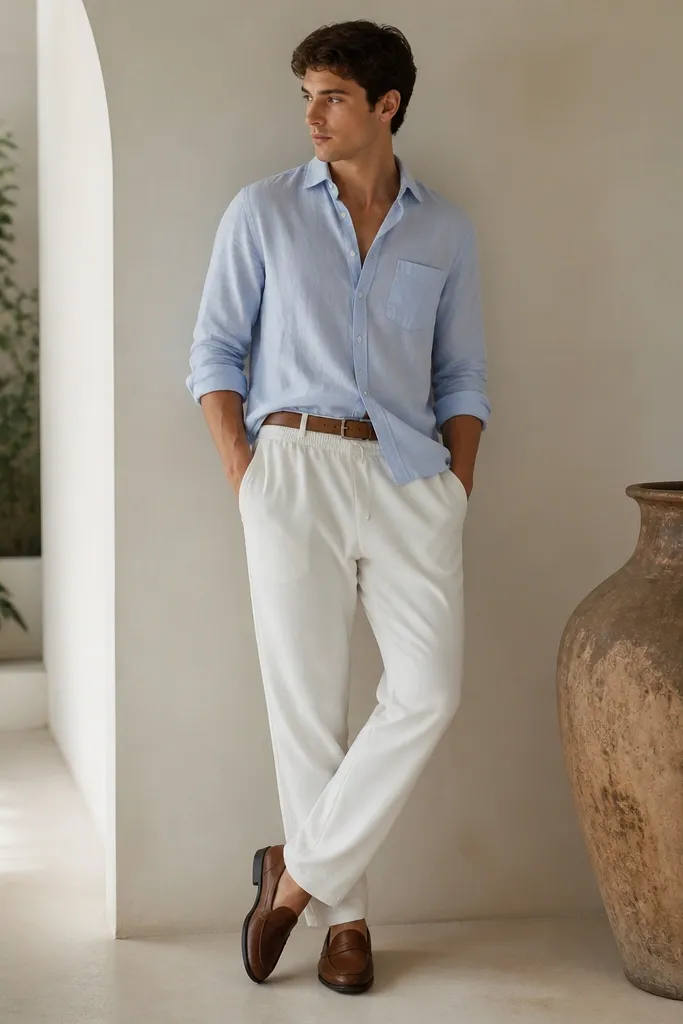 A man wearing light blue button-down shirt half-tucked into white sweatpants. He wears brown leather loafers and a simple tan belt. The shirt sleeves are rolled to mid-forearm.