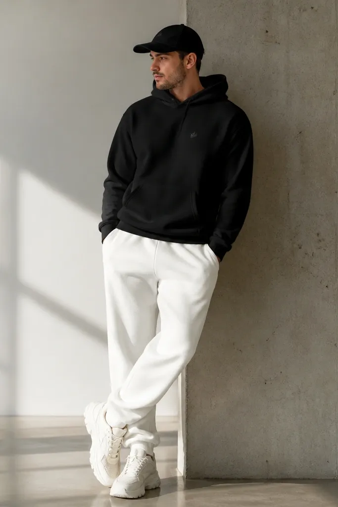 A man in white sweatpants with a black hoodie. The hoodie has a small chest logo and a roomy kangaroo pocket. He wears chunky white dad sneakers and a black cap.