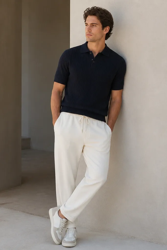 A man wearing white sweatpants and a navy knit polo. The polo has a clean collar and short sleeves. He wears light canvas sneakers in off-white and gray, with a belt-free drawstring waist visible.