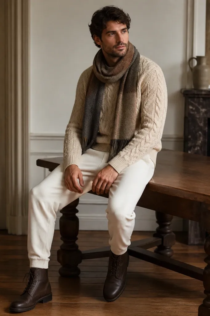 A man wearing a beige cable-knit sweater with white sweatpants. He wears dark brown leather boots and a scarf in muted tones. The sweater has visible cable texture and a crew neckline.