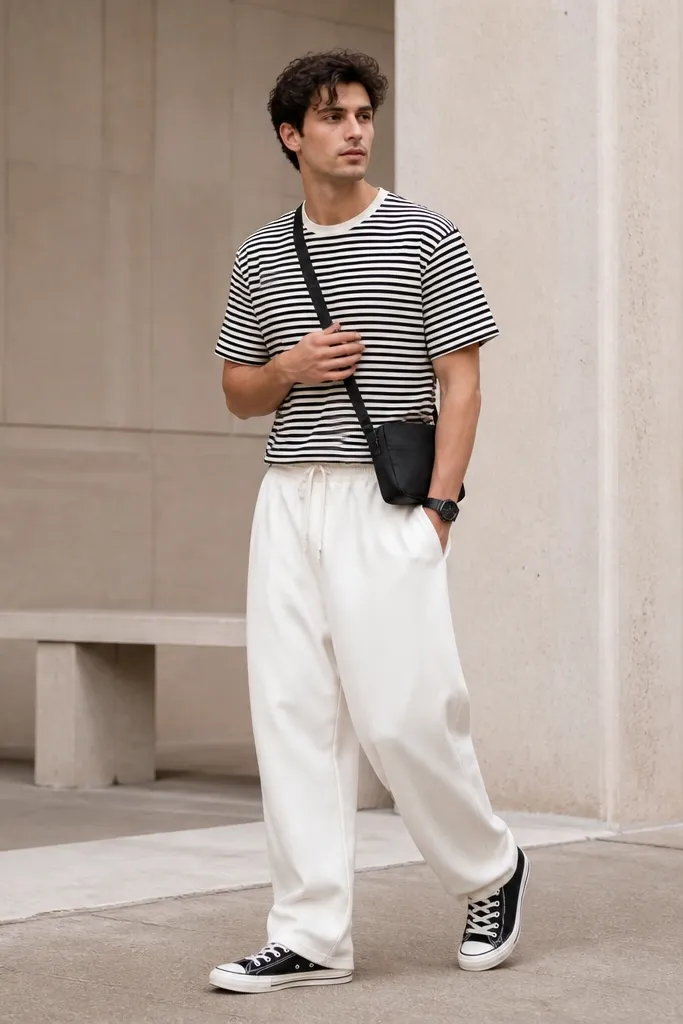 A man in white sweatpants with a black-and-white striped crew tee. He wears black low-top canvas sneakers with white rubber toe caps. A black watch and small crossbody bag sit at the waist.