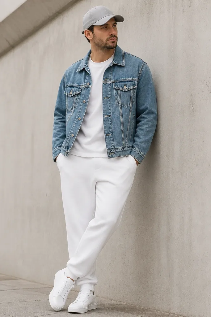 A man wearing a mid-wash denim jacket over a plain white T-shirt and white sweatpants. The denim jacket has a standard button front and chest pockets. He wears white sneakers with a clean sole and a light gray baseball cap.