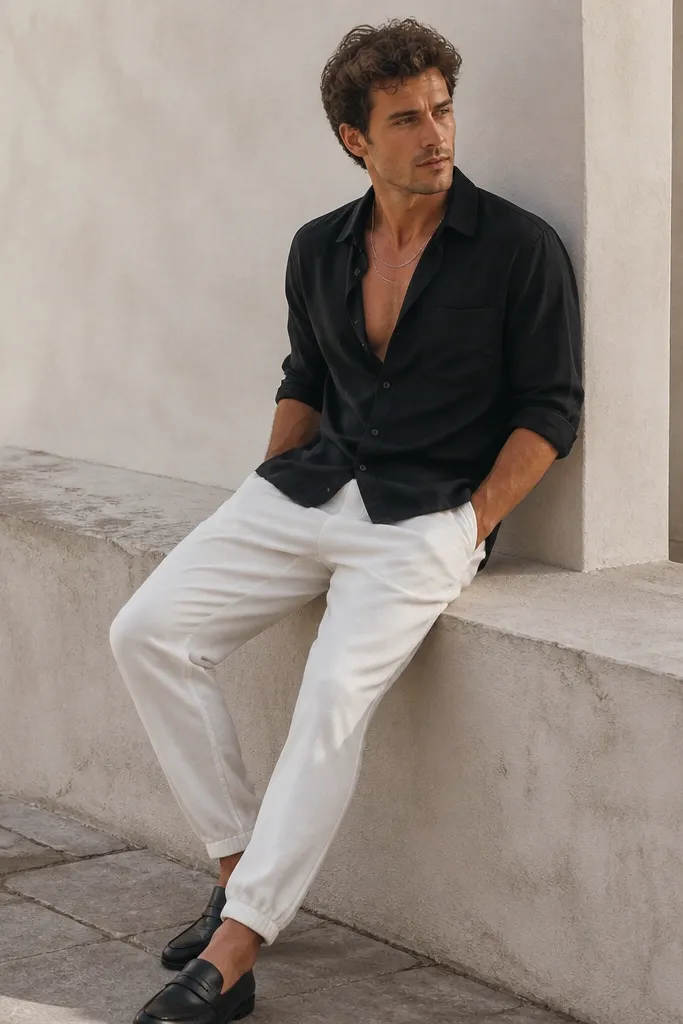 A man wearing a black button-up shirt slightly open at the collar with the sleeves rolled. He pairs it with white sweatpants and black leather loafers. A thin silver chain rests at the neckline.