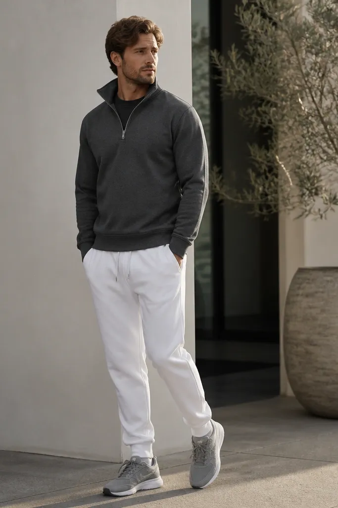 A man wearing a charcoal zip-up jacket over a dark shirt. He pairs it with white sweatpants and gray running shoes. The jacket zipper is half up and the cuffs are snug.