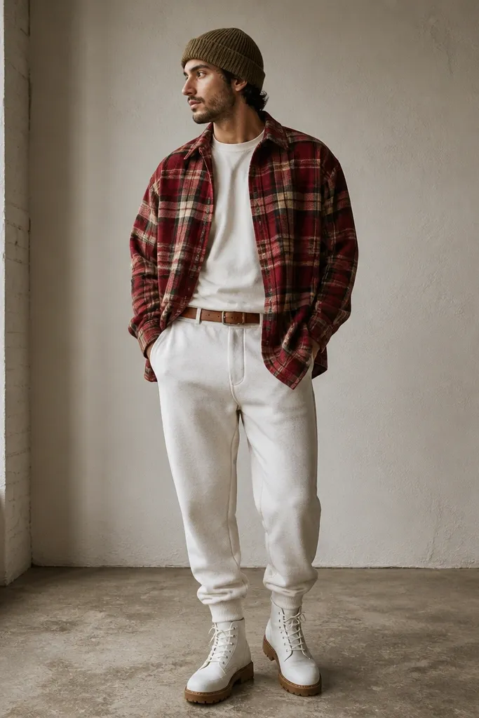 A man wearing a red plaid flannel overshirt open over a plain tee. He has white sweatpants and wears white boots with brown soles. A brown belt and a beanie complete the look.