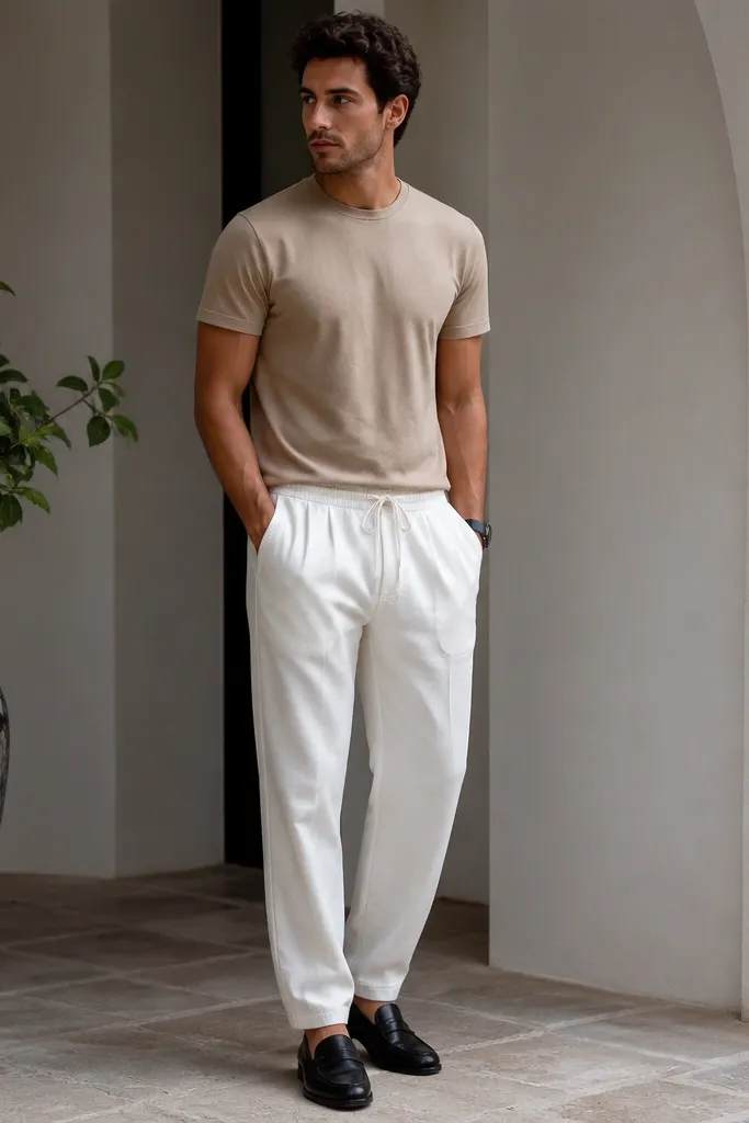 A man wearing camel/beige T-shirt with white sweatpants. He wears black loafers and a black watch. The shirt is slightly fitted and sits at the waistband.