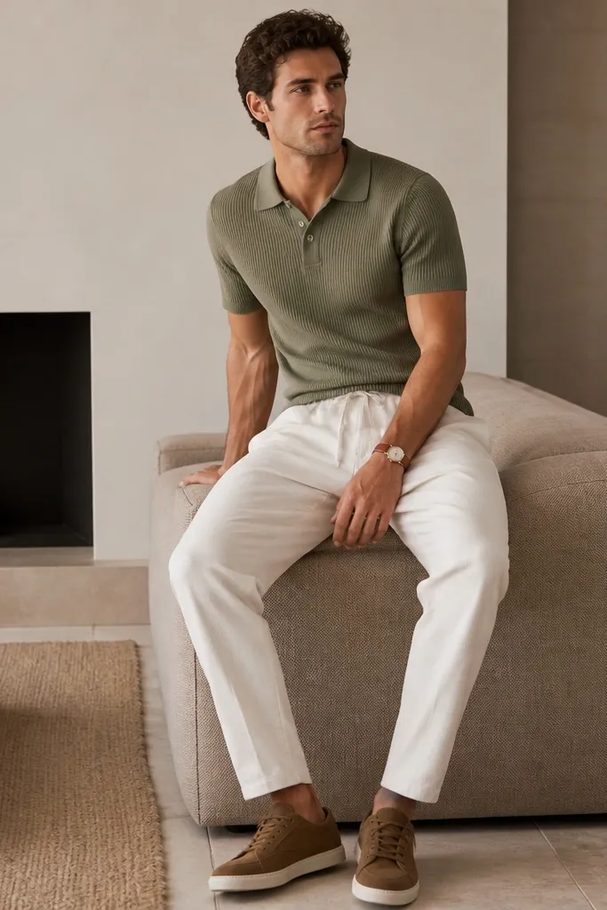 A man wearing a muted green knit polo with white sweatpants. He wears brown sneakers and a simple leather watch. The polo collar is neat and the sleeves are short.