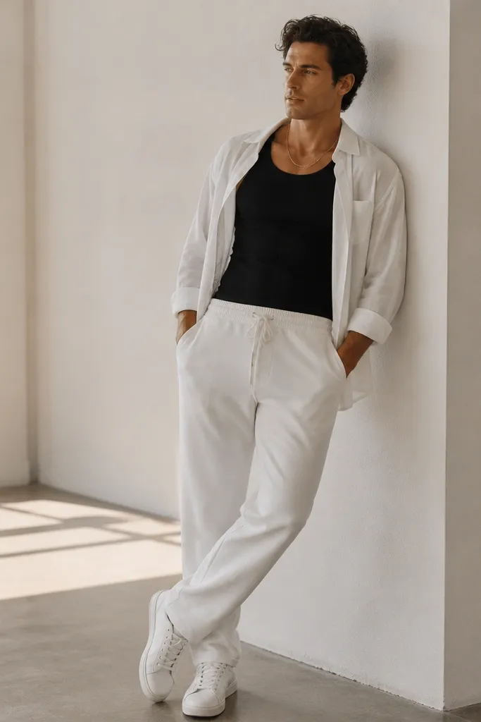 A man in white sweatpants wearing a black tank top underneath an open white button-up shirt. The open shirt shows the tank clearly. He wears white sneakers and a gold chain.