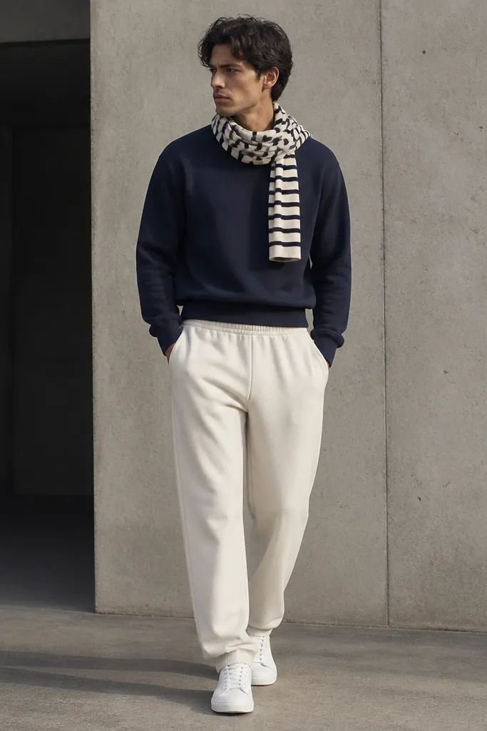 A man wearing a navy sweatshirt with white sweatpants. He has a striped scarf wrapped around his neck and wears white sneakers. The sweatshirt is slightly cropped at the waist line.