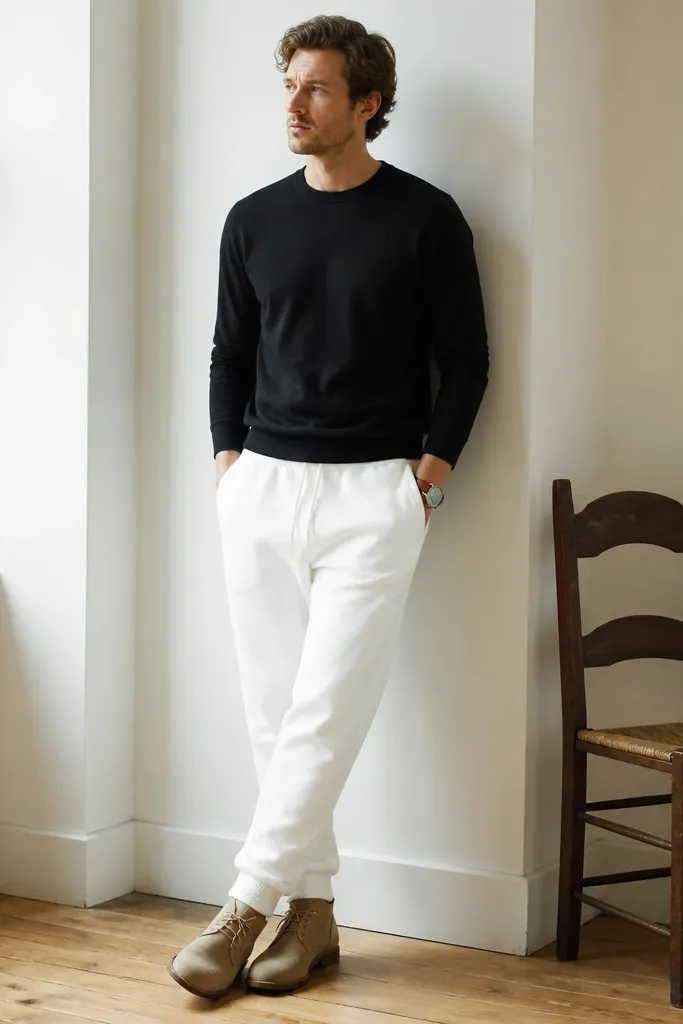 A man wearing white sweatpants with a black crewneck sweater. He wears tan suede desert boots and a leather watch. The crewneck has a clean collar and sits at the hip.