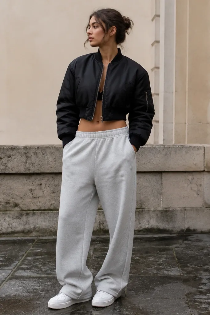 A model standing outdoors wearing baggy heather grey sweatpants with a black cropped bomber jacket. The jacket has ribbed cuffs and a slightly shiny nylon finish. Outfit includes white low-top sneakers and no visible belt.