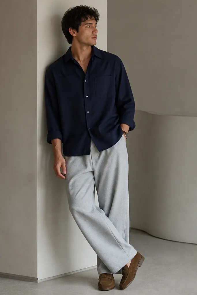A model wearing baggy grey sweatpants with a navy overshirt rolled at the sleeves. Brown suede loafers are paired, with a simple watch on the wrist.