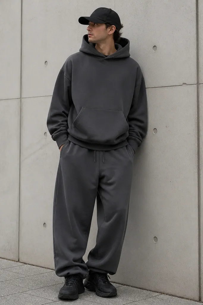 A tonal outfit: charcoal hoodie worn with dark grey baggy sweatpants. Black running shoes and a matte black baseball cap complete the look.