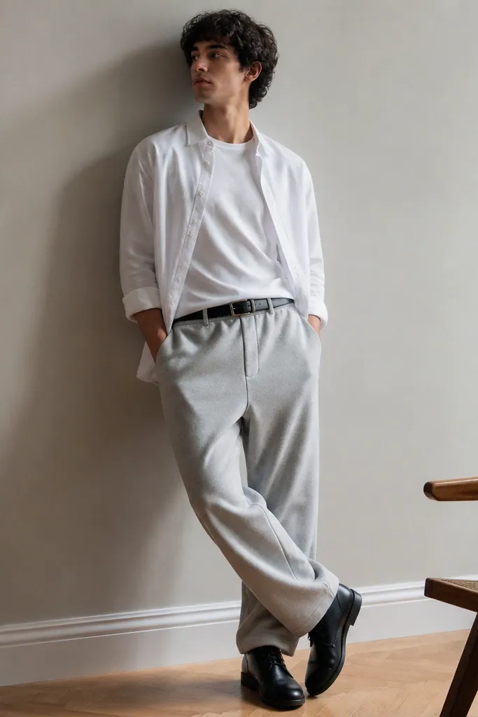 A model wears baggy grey sweatpants with a white oxford shirt left unbuttoned over a plain tee. Black chukka boots and a leather belt are visible at the waistband.