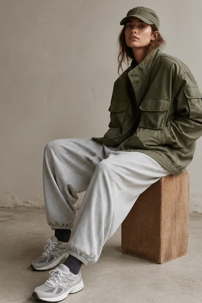 A model in olive utility jacket with multiple pockets over baggy grey sweatpants. Olive cap, dark socks, and grey-white sneakers.