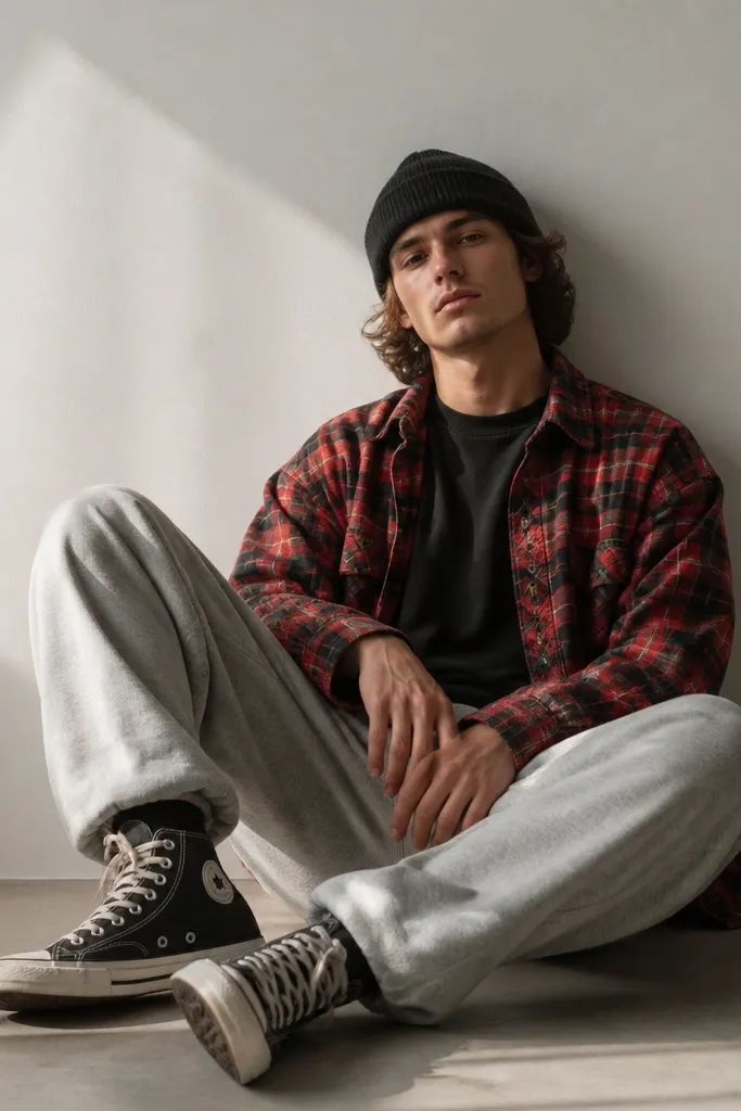 A model with red flannel overshirt worn open over a dark tee, paired with baggy grey sweatpants. Black high-top sneakers and a dark beanie.