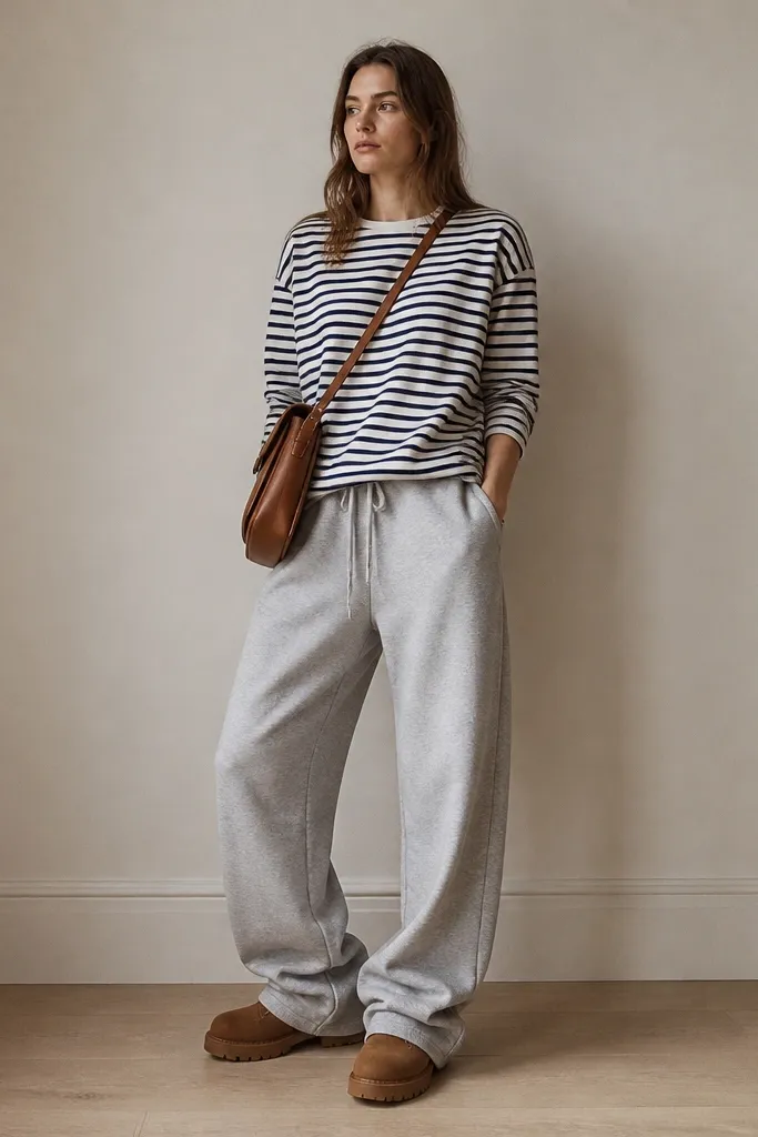 A model wearing baggy grey sweatpants with a navy and white striped Breton tee. Tan work boots and a brown leather crossbody bag.