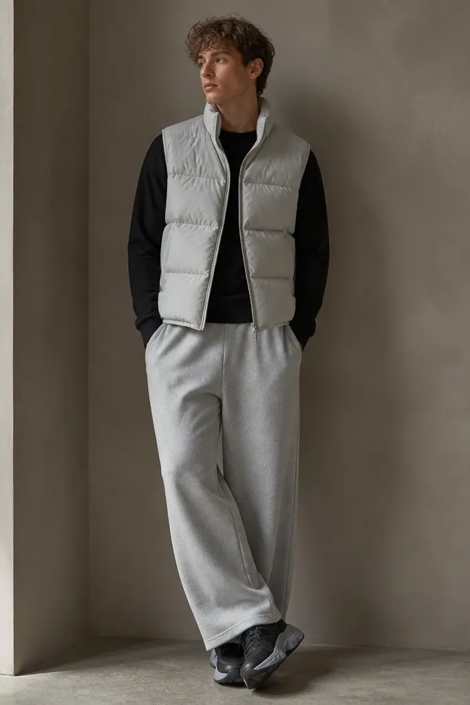 A model wearing black long-sleeve shirt under a light grey puffer vest, paired with baggy grey sweatpants. Black sneakers with a grey sole.
