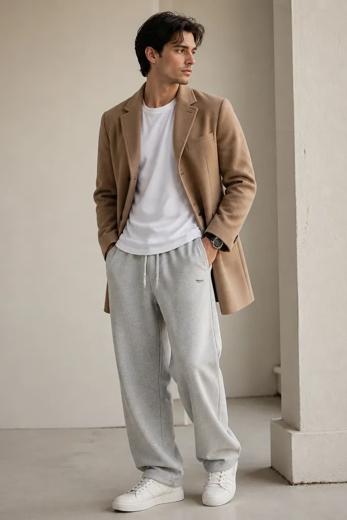 A model wearing a short camel overcoat over a white tee and baggy grey sweatpants. Clean white sneakers and a minimal black watch.