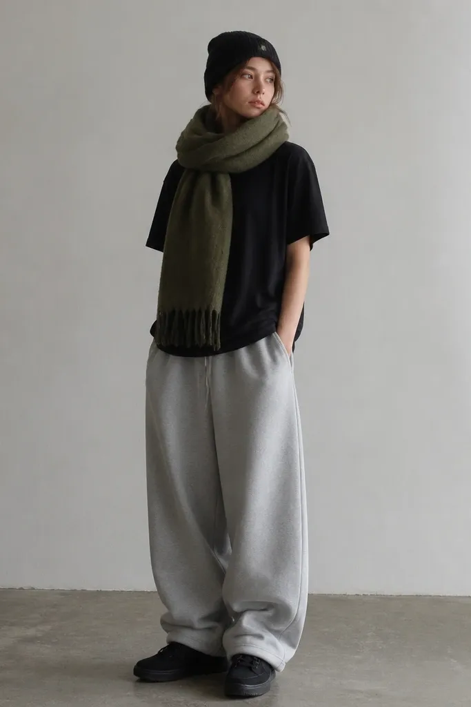 A model wearing baggy grey sweatpants with a black crew tee and an olive oversized scarf wrapped around the neck. Black sneakers and a dark beanie.
