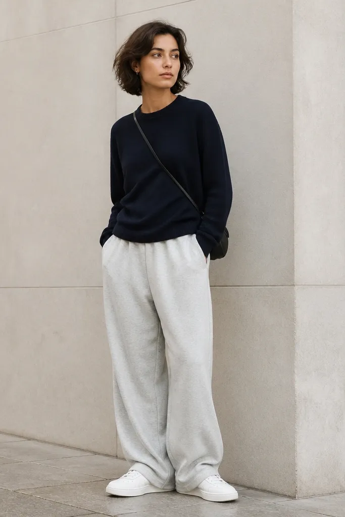 A model wearing baggy heather grey sweatpants with a navy crewneck sweater. White leather sneakers and a small crossbody bag strap visible.