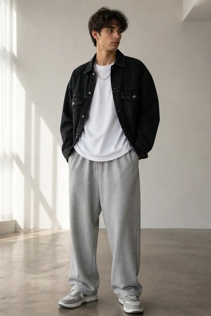 A model wearing a black denim jacket over a white tee, with baggy grey sweatpants. Grey-white sneakers and a silver chain necklace.
