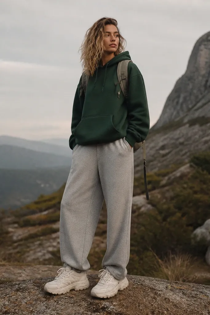 A model wearing a forest green hoodie with baggy grey sweatpants. White trail-style sneakers with a thicker sole and a small backpack.