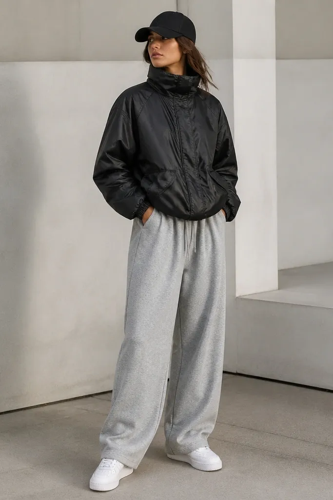 A model in baggy grey sweatpants with a black windbreaker jacket. The jacket has a shiny nylon look and a high collar. White sneakers and a black cap.