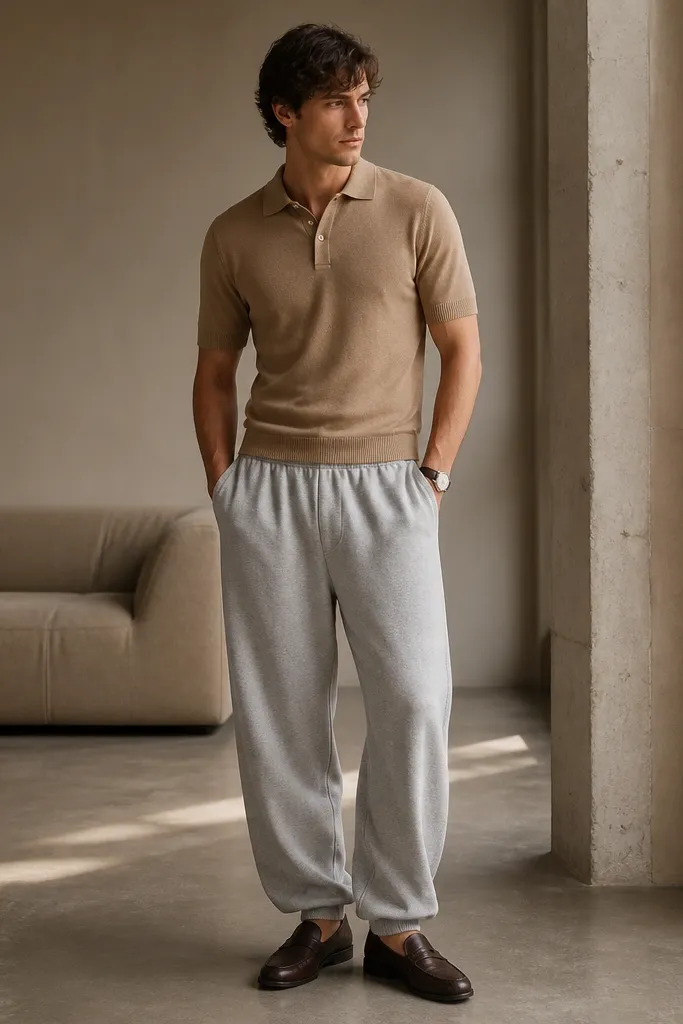 A model wearing a tan knit polo shirt with baggy grey sweatpants. Brown loafers and a watch are visible. The polo is slightly fitted and buttoned two buttons.