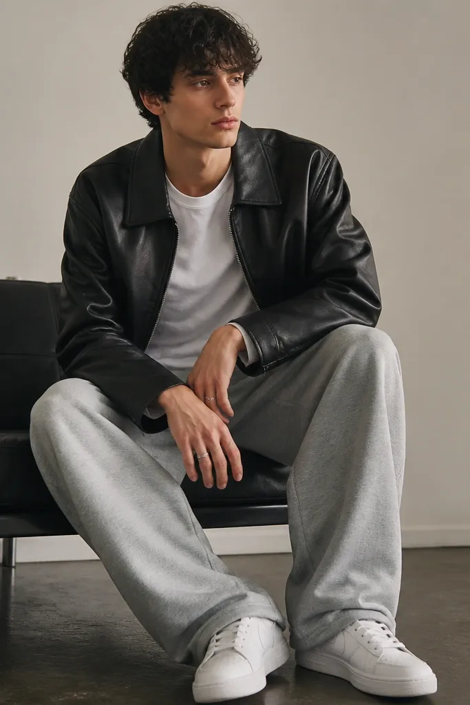 A model wearing a black leather jacket over a white tee with baggy grey sweatpants. White sneakers and a silver ring on the hand.