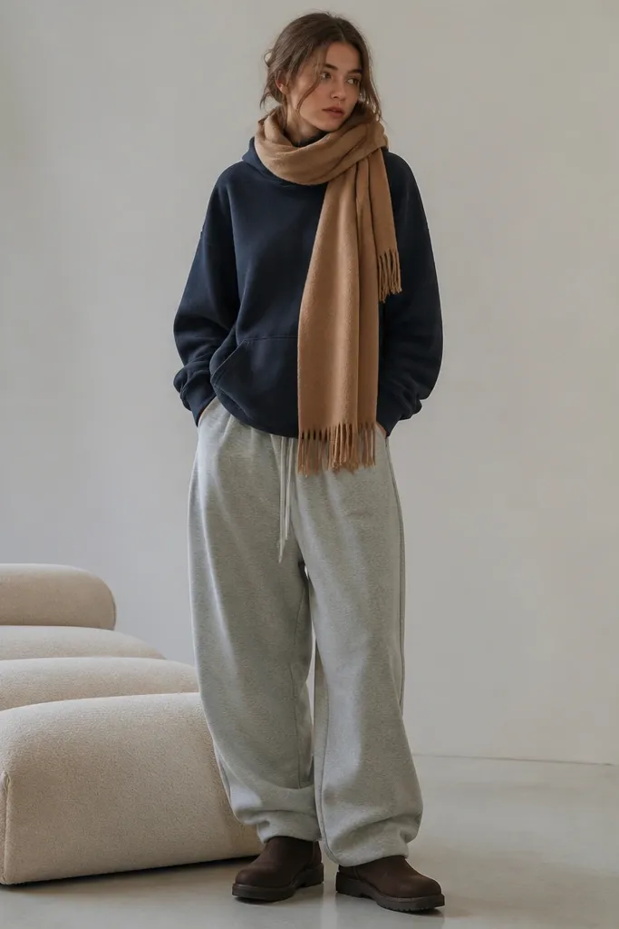 A model wearing heather navy hoodie with baggy grey sweatpants, a camel scarf wrapped around the neck, and dark brown boots.