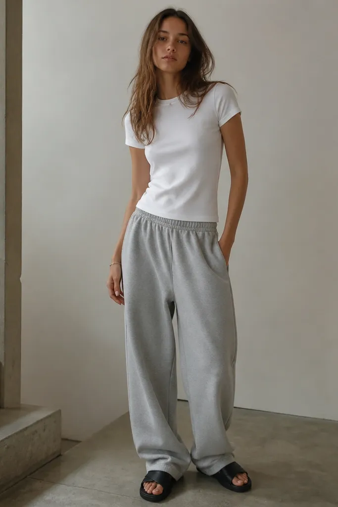 A model wearing baggy grey sweatpants with a white short-sleeve tee. Outfit is finished with black slide sandals and a simple bracelet.