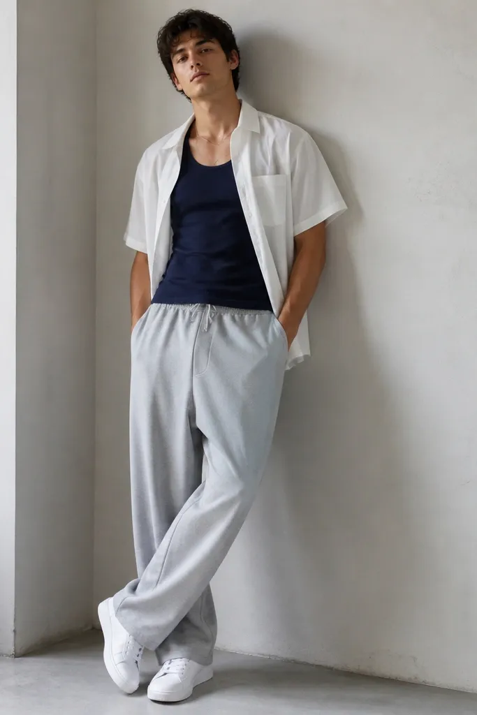 A model wearing baggy grey sweatpants with a navy tank top and an open white short-sleeve shirt. White sneakers and a thin necklace are visible.