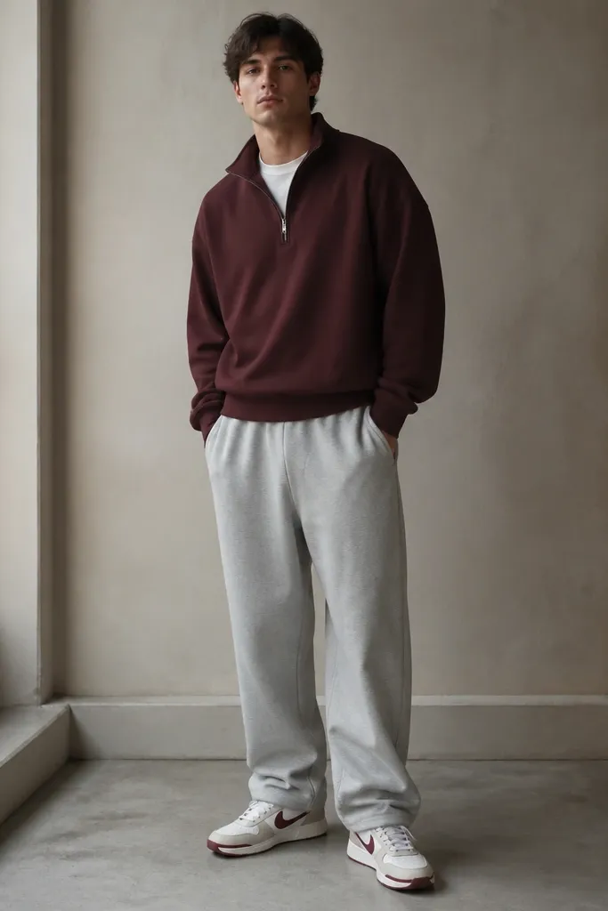A model wearing a burgundy quarter-zip sweater over a plain tee with baggy grey sweatpants. Sneakers are white with maroon accents.