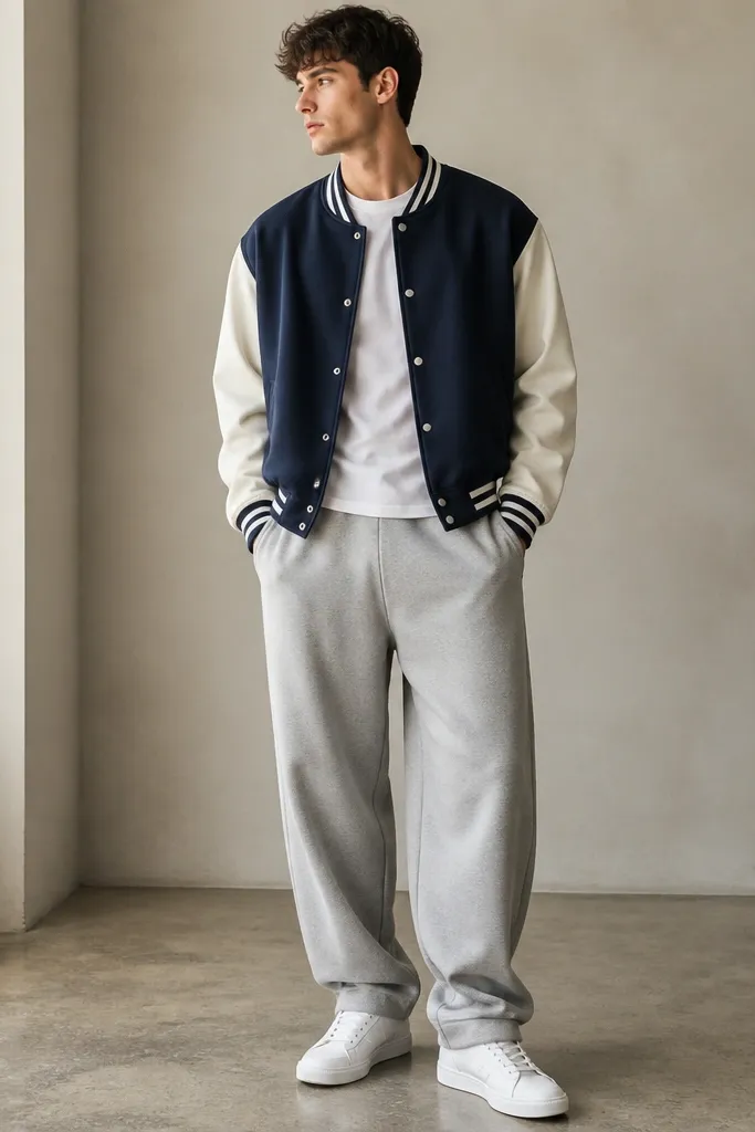 A model wearing a navy varsity jacket with white sleeves over a white tee. Baggy grey sweatpants and white sneakers complete the outfit.