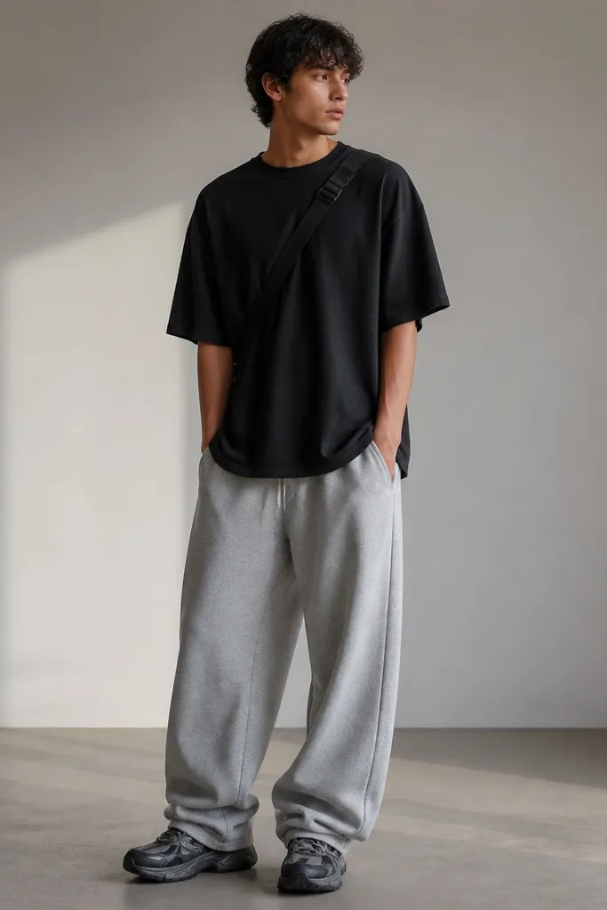 A model wearing an oversized black T-shirt with baggy grey sweatpants. Outfit includes chunky dad sneakers in black and grey and a crossbody bag strap.