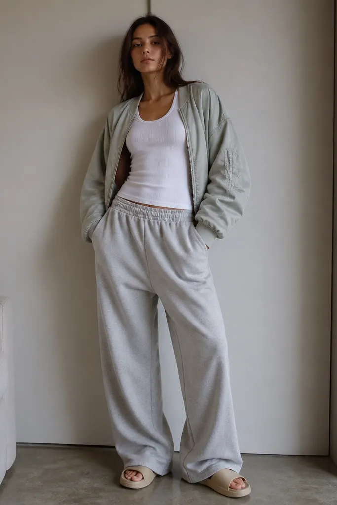 A model wearing baggy grey sweatpants with a white tank top. A light grey bomber jacket is worn open, and the outfit finishes with simple slides.