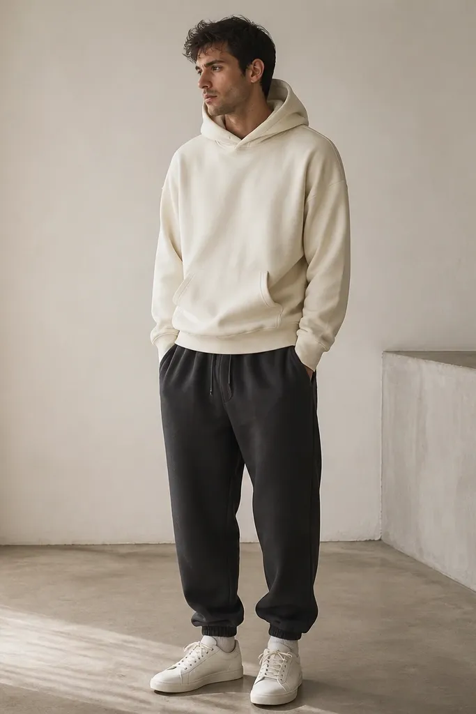 A man in cream heavyweight hoodie and charcoal baggy sweatpants. White low-profile trainers. Outfit is monochrome with a slight contrast at the laces and socks.