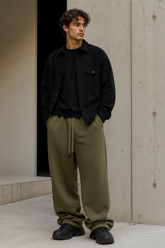 Black overshirt worn open over a dark tee, olive baggy sweatpants, and black chunky sneakers. The overshirt hem sits around the top of the waistband.