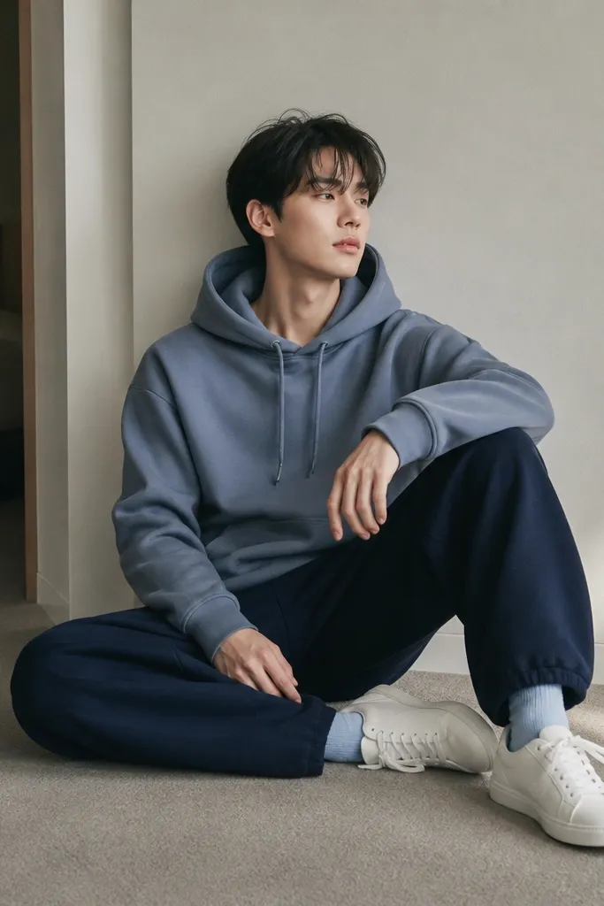 Slate blue hoodie paired with navy baggy sweatpants. White low-top sneakers and light blue socks. The tones blend smoothly without looking flat.