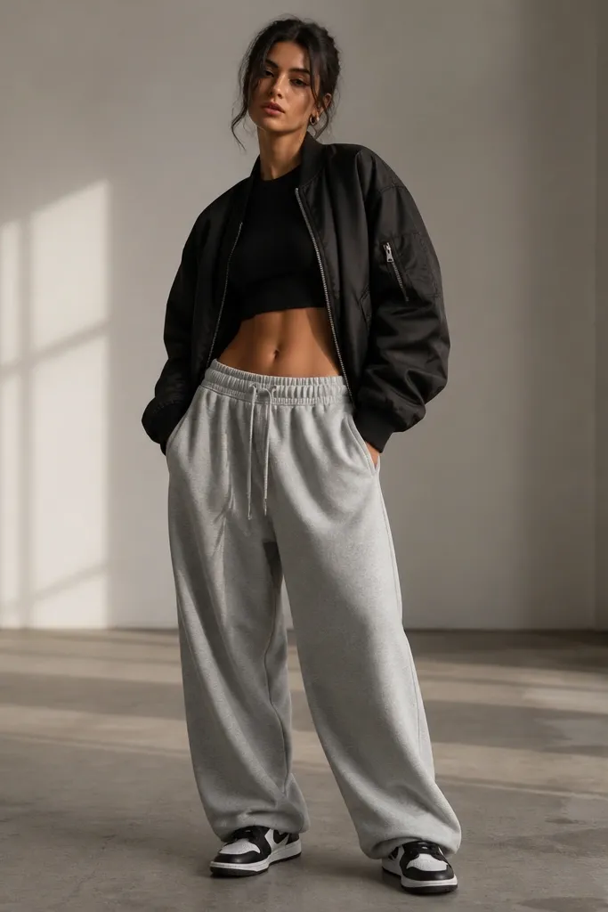 Baggy gray sweatpants with a black cropped t-shirt showing the waistband. A black bomber jacket on top, black-and-white sneakers.
