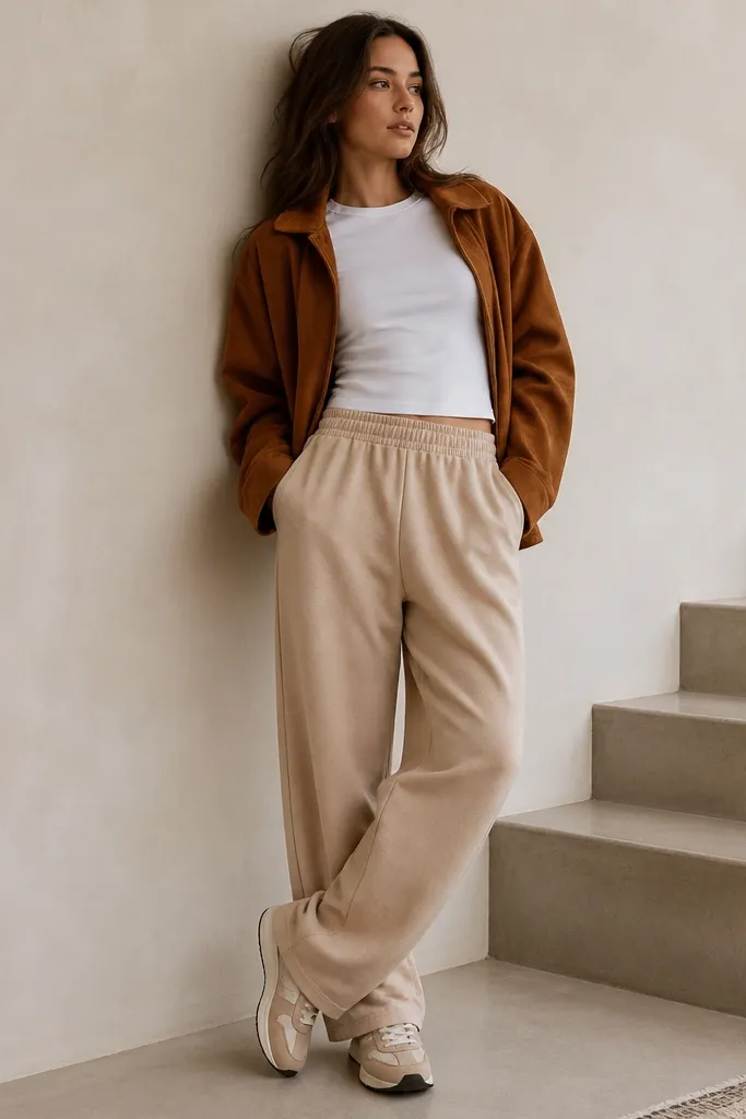 White fitted tee tucked slightly into sand-colored baggy sweatpants. A caramel brown jacket with a suede-like texture. Beige sneakers.