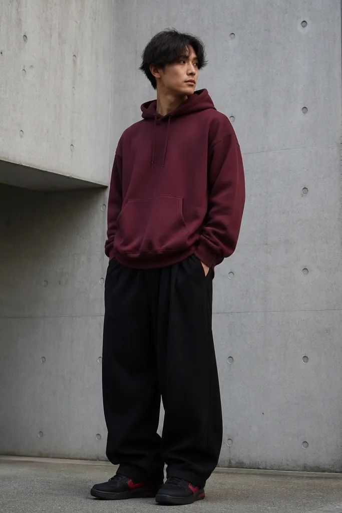 Maroon hoodie over black baggy sweatpants. Sneakers are black with red details. The outfit has one strong color hit.