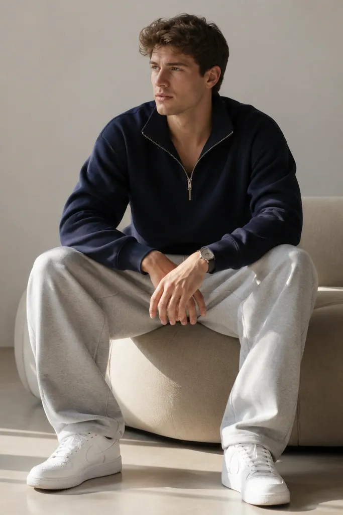 A navy zip-up hoodie worn half-zip with light gray baggy sweatpants. Clean white sneakers and a simple wristwatch.